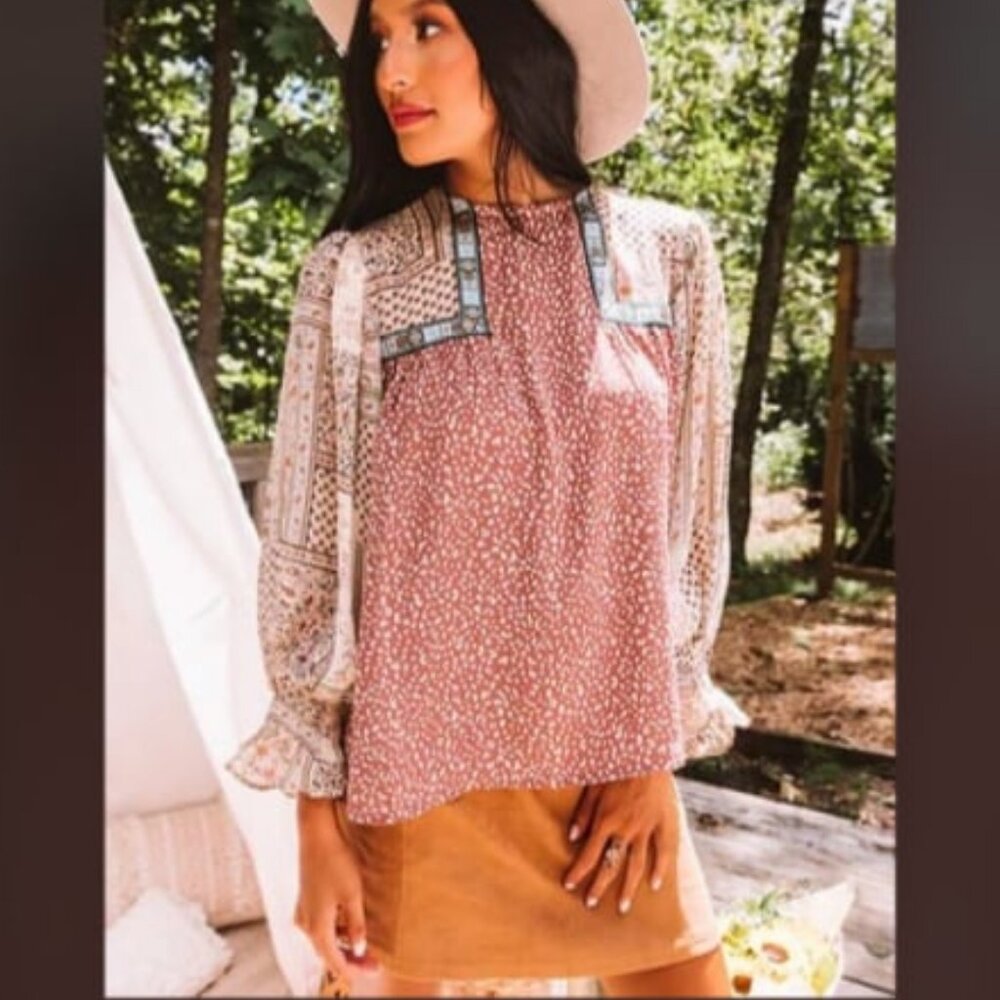 ENTRO Boho Embroidered Trim Ditsy Chiffon Blouse Bishop Sleeve L